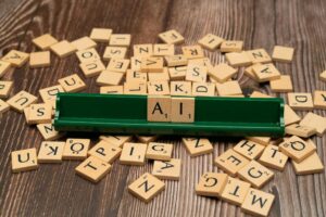 Inteligência Artificial escrito com letras feitas de madeira